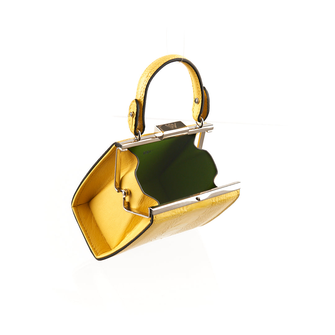 Yellow Vegas Ostrich Leather Micro Bag with Green Inside Bellabags Bellabags