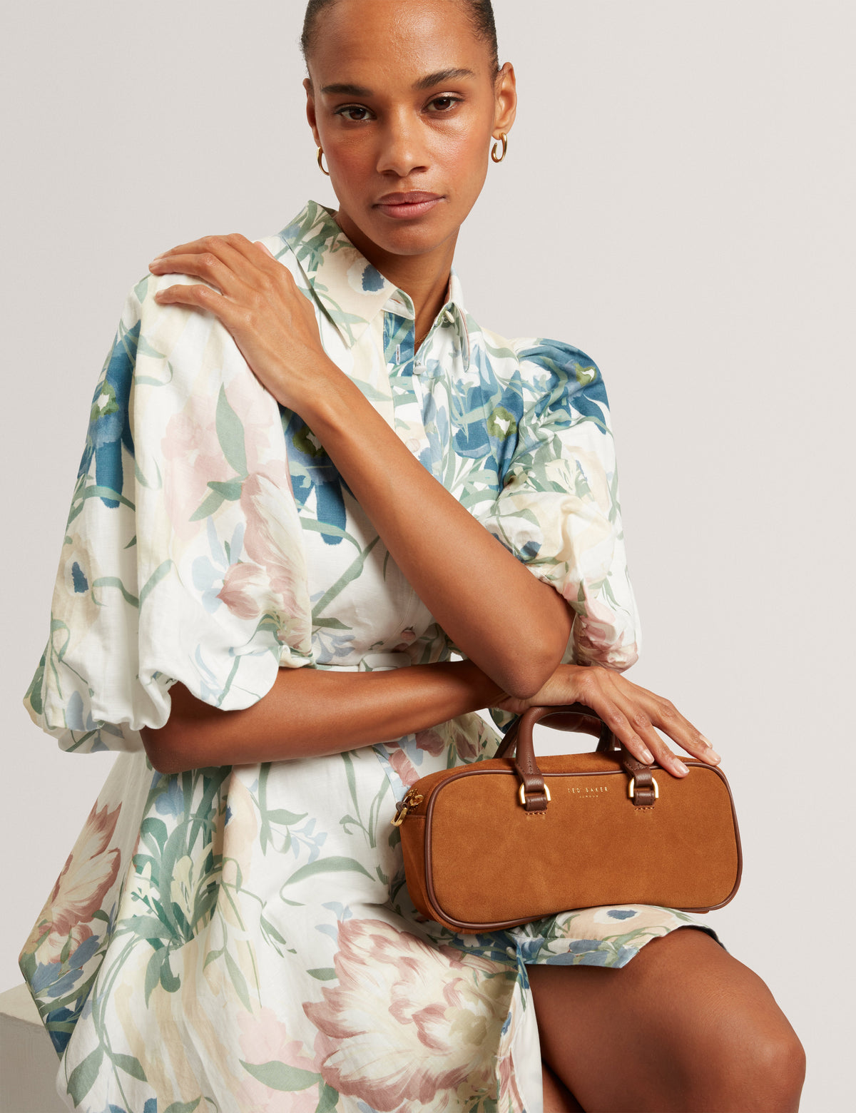 SHAYIA: Webbing Elongated Suede Boxy Top Handle Bag