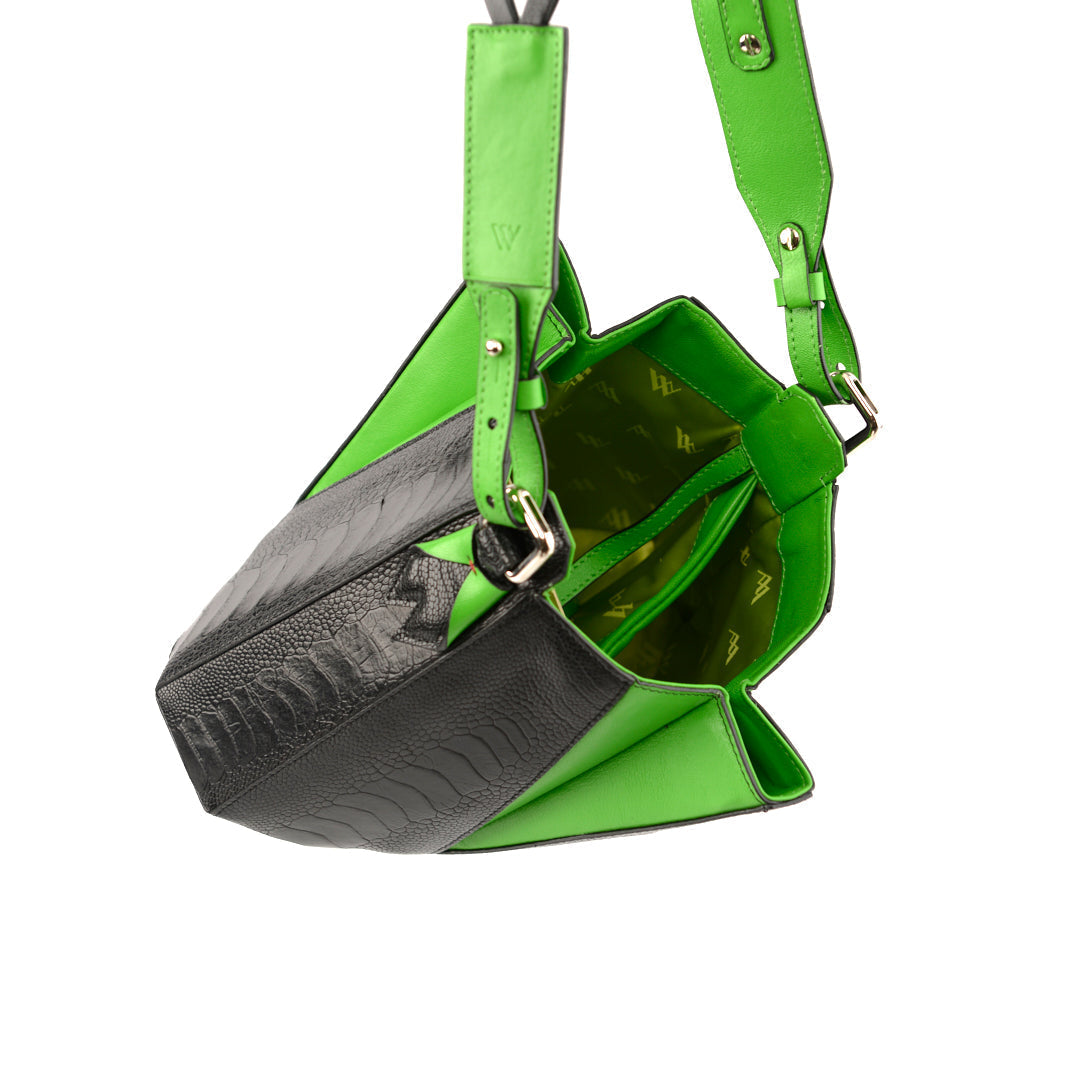 Black Luna Limited Edition Ostrich Leather Shoulder Bag with Green Gussets Bellabags Bellabags