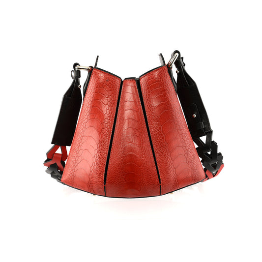 Red Luna Limited Edition Ostrich Leather Shoulder Bag with Black Gussets Bellabags Bellabags