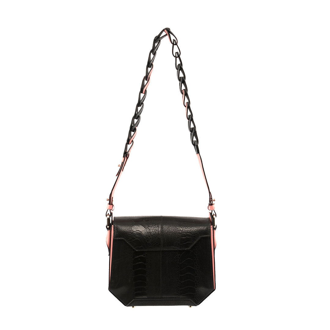 Black Lia Limited Edition Ostrich Leather Shoulder Bag with Light Pink Gussets Bellabags Bellabags