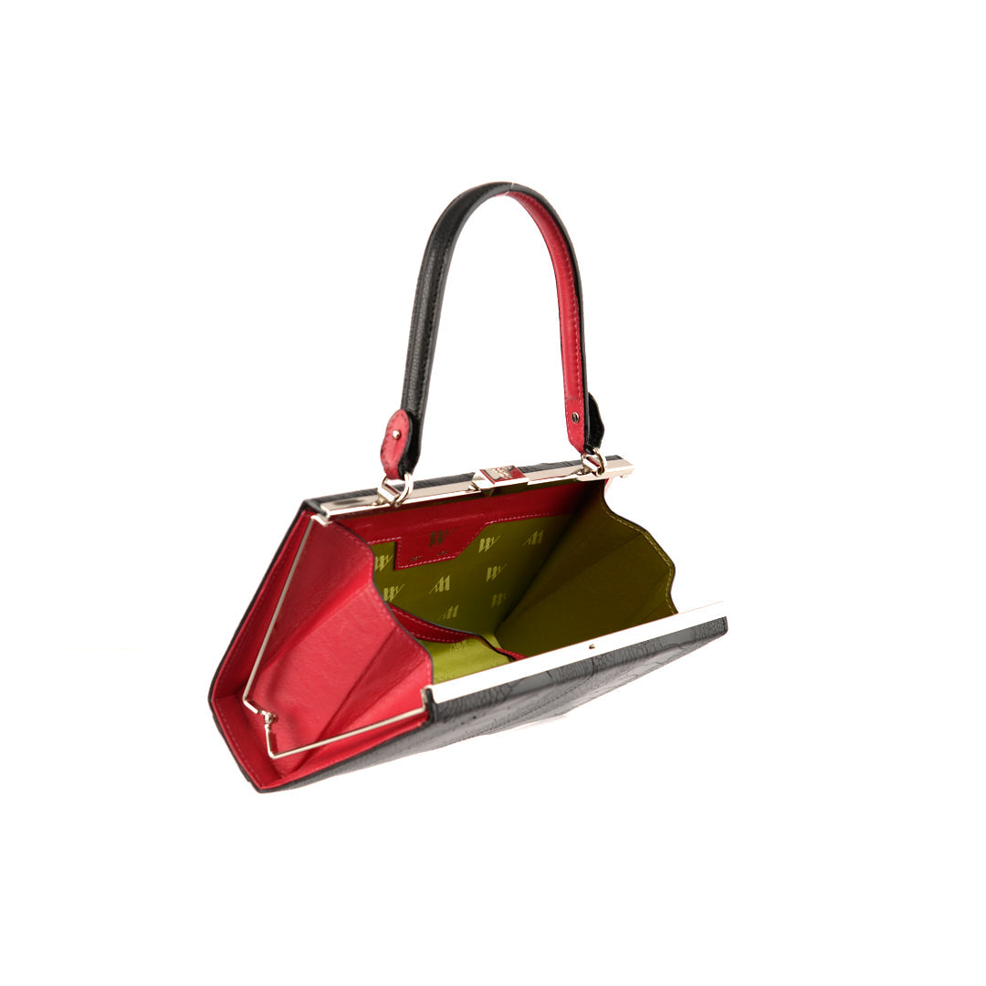 Black Libby Limited Edition Ostrich Leather Evening Bag With Red Gussets Bellabags Bellabags